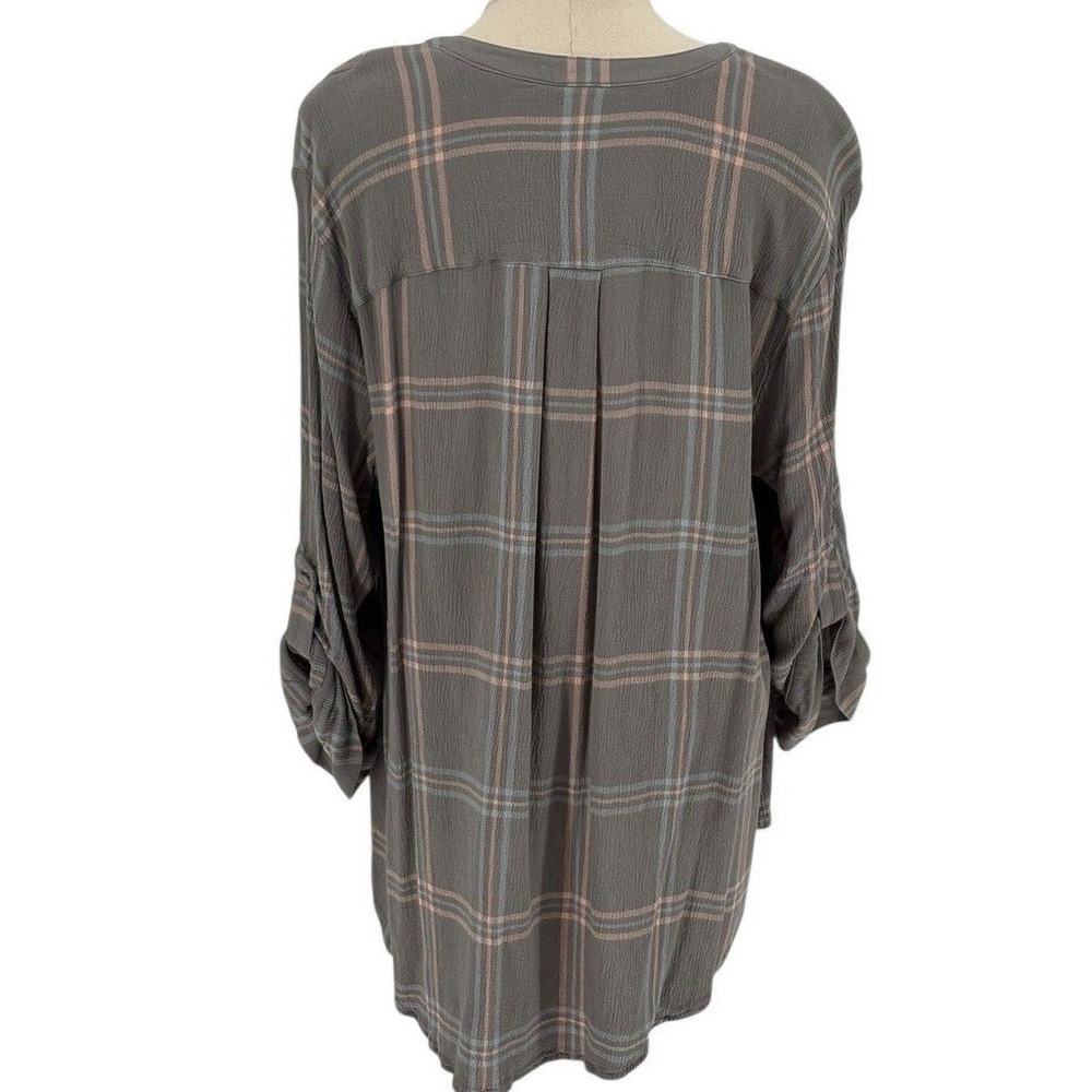 Torrid Harper Blouse Grey Plaid Roll Tab Sleeve 100% Rayon 2 - Picture 2 of 7